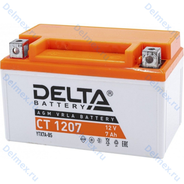 Аккумуляторная батарея DELTA СТ-1207 AGM (YTX7ABS) прямая полярность, залитый
