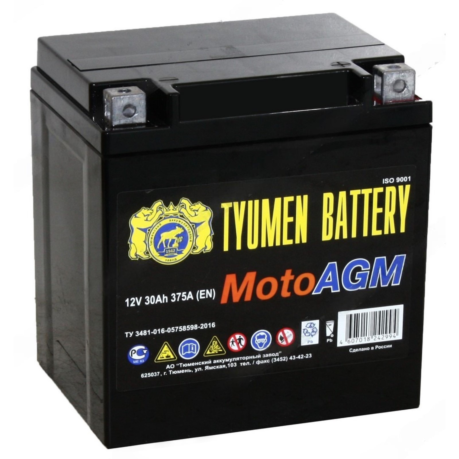 Аккумуляторная батарея Тюменские Аккумуляторы 6МТС-30 Мото AGM вывод под болт залитая электролитом фото 