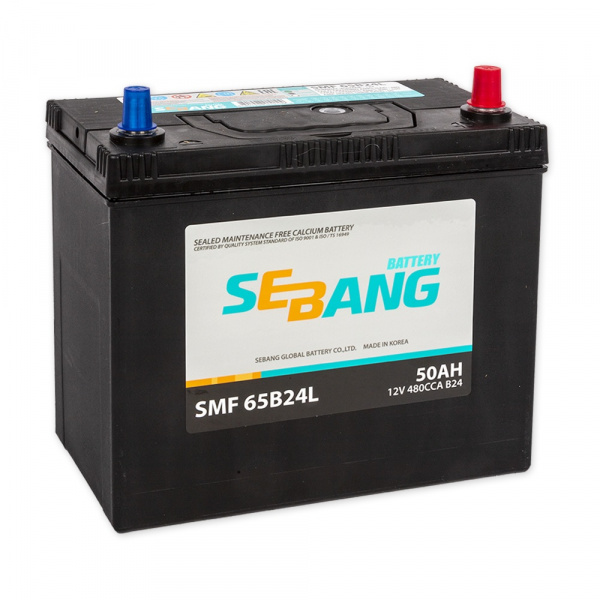 Аккумуляторная батарея SEBANG 6СТ-50L SMF (65B24L) обратной полярности ТОНКИЕ клеммы