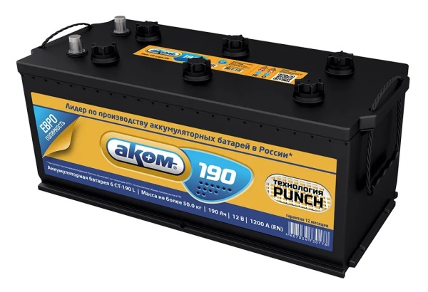 Аккумуляторная батарея АКОМ 6СТ-190L PUNCH обратной полярности